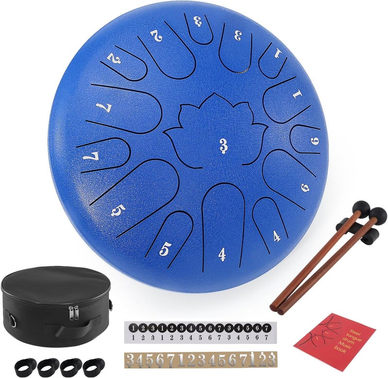Weipoken rain drums for outside Garden 12 Inch 15 Note Steel Tongue Drum Hand Pan Drum with Music Book tongue drums Gift Handpan Drum Mallet, and Carry Bag(Blue, 12 Inch) - Image 1